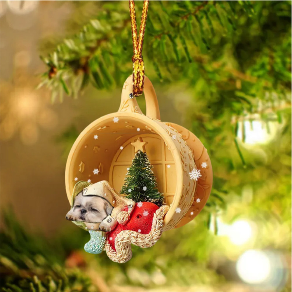 Personalized Dog Sleeping In A Tiny Cup Christmas Ornament