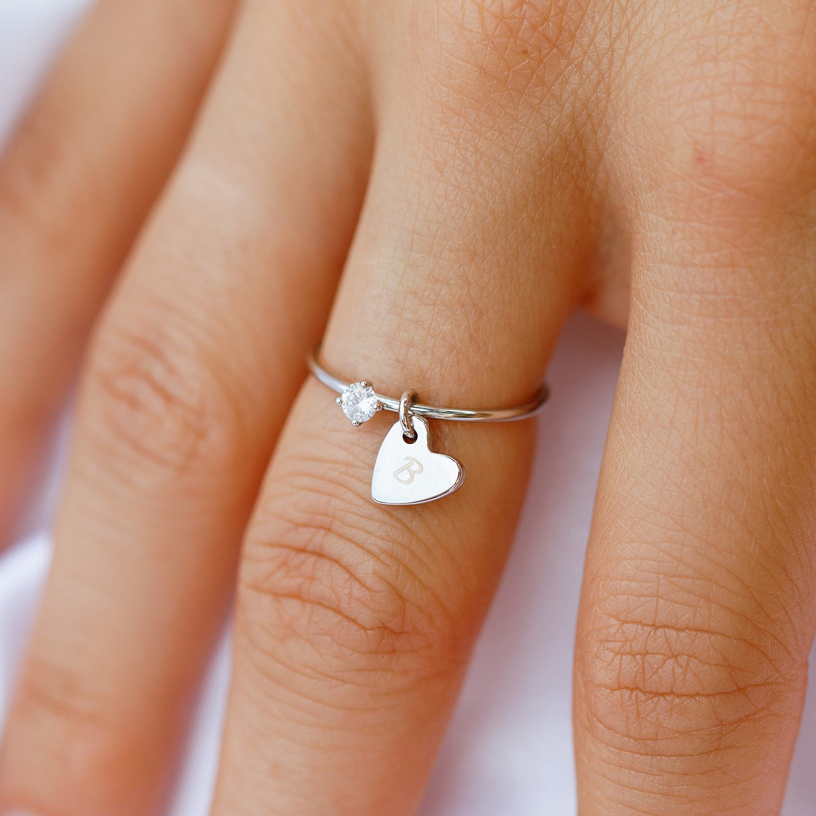 Personalized Birthstone Ring with Engraved Heart Pendant