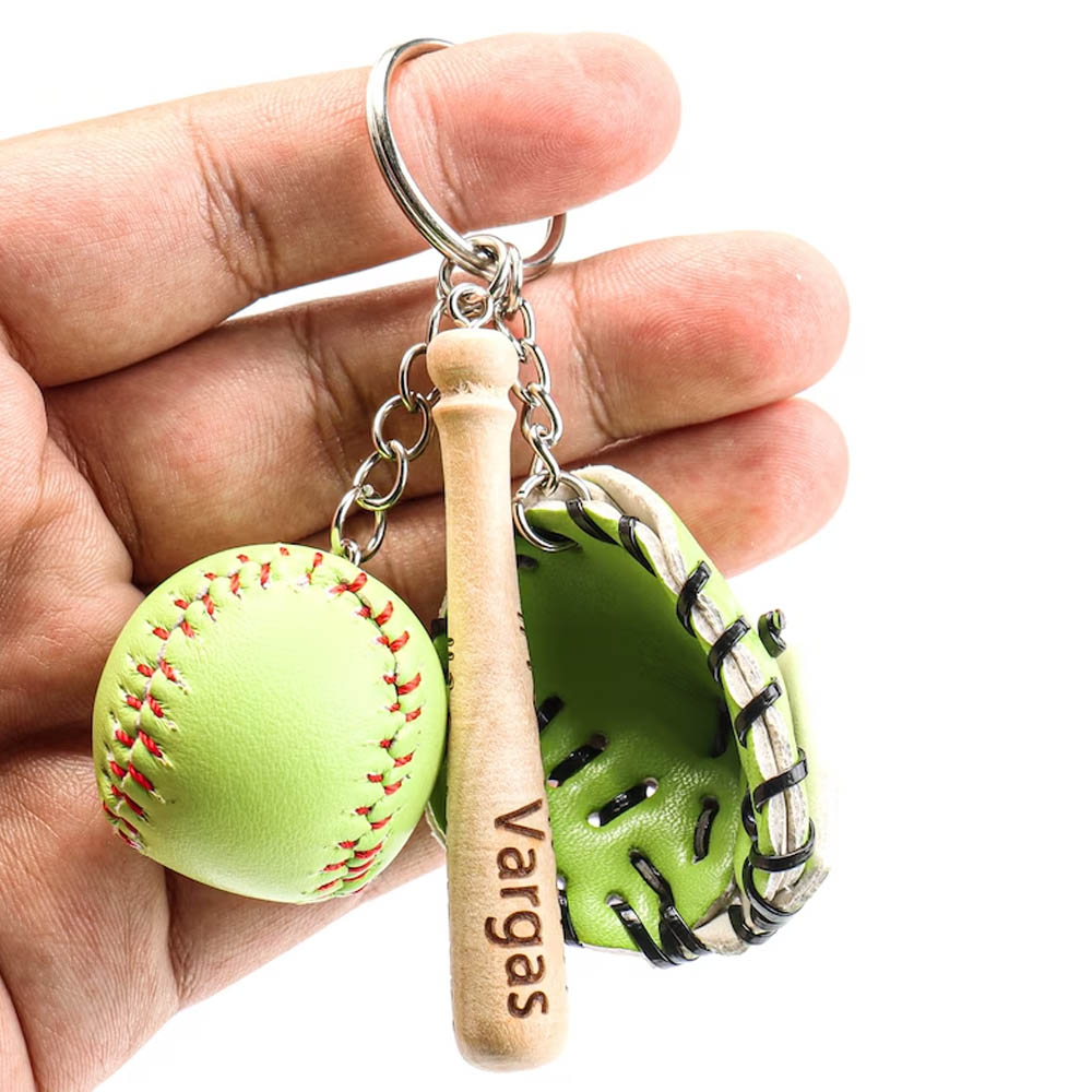 Personalized Mini Baseball Keyring, Coach Gift, Sports Monogrammed, PU Softball Engraved Name Bat, Mitten Number Team Gift Keychain, Father's Day