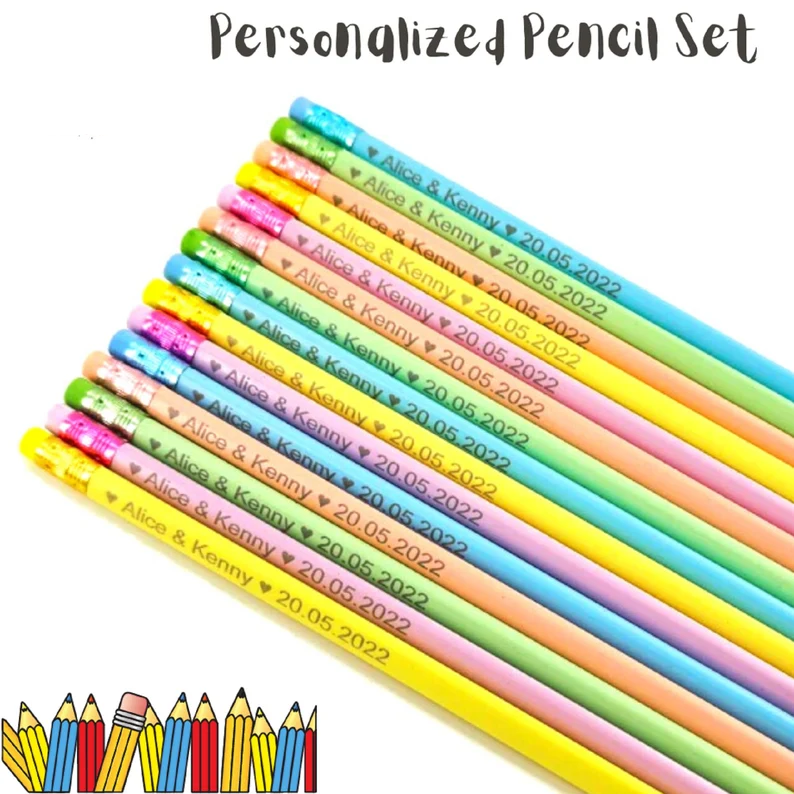 Personalized Engraved Name Pencils Set of 12 Bright Pastel Rainbow, Gift for Students or Teachers