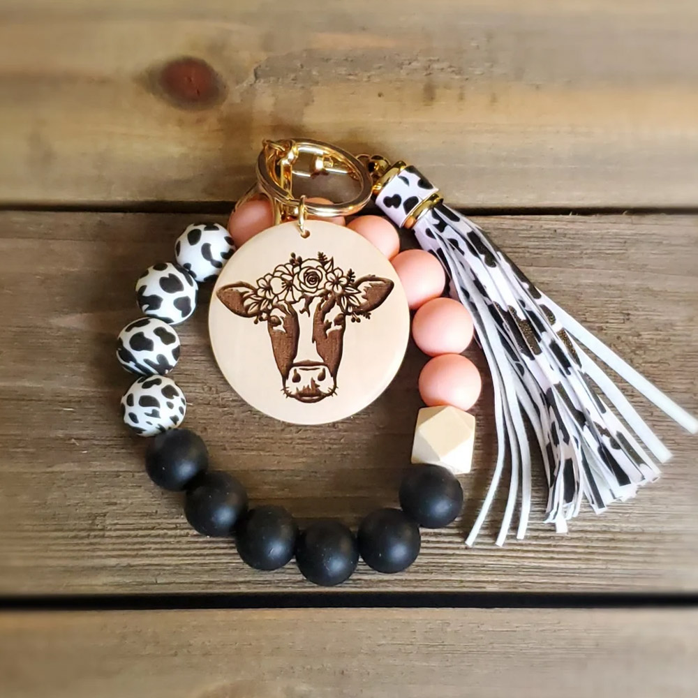 Personalized Cow Print Wristlet Keychain, Highland Cow Keychain, Cow Keychain, Gift for Her