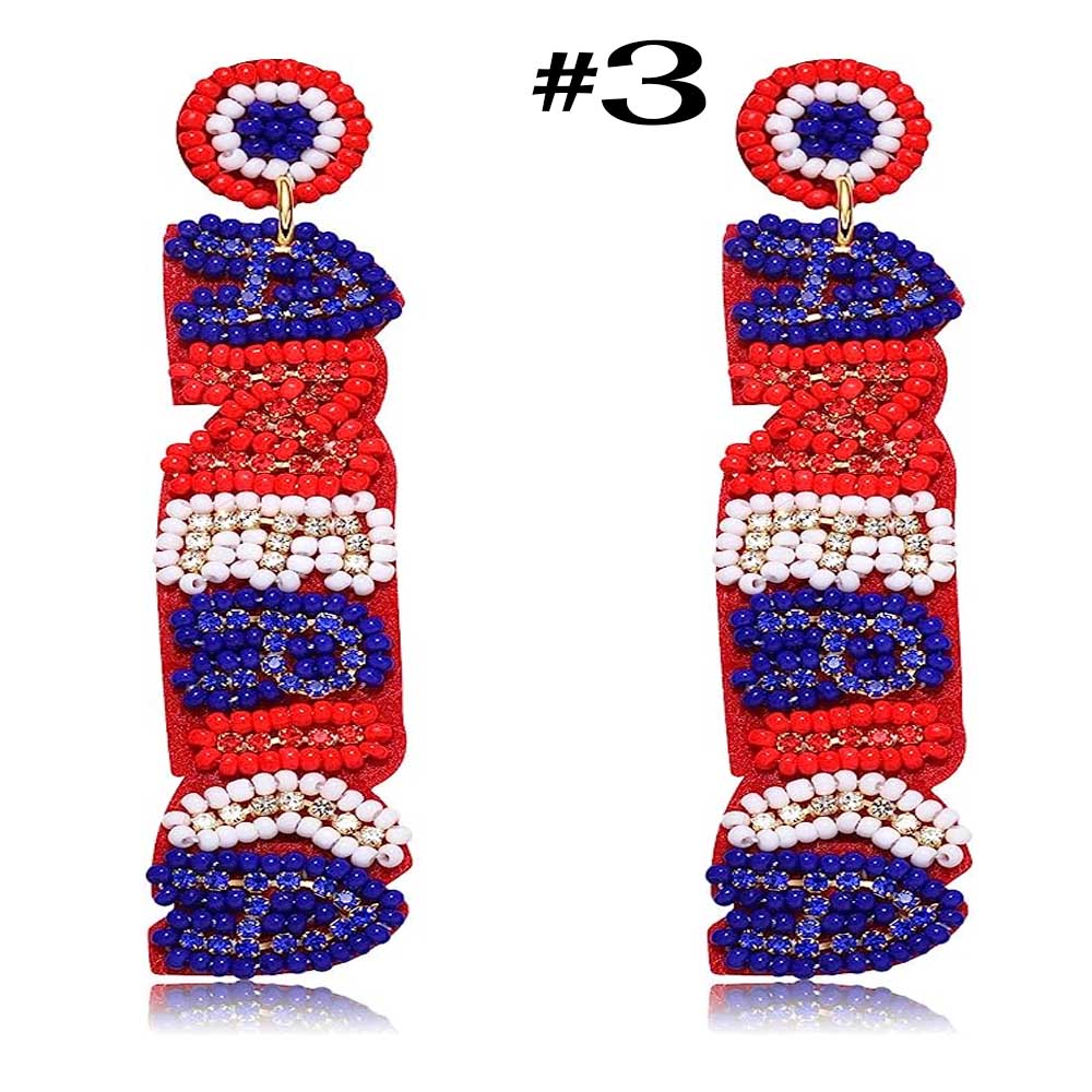 American Flag Earrings, 4th of July Earrings for Women, Beaded Heart Star Flag Dangle Drop Earrings, Handmade Independence Day Patriotic Earrings, Holiday Gifts