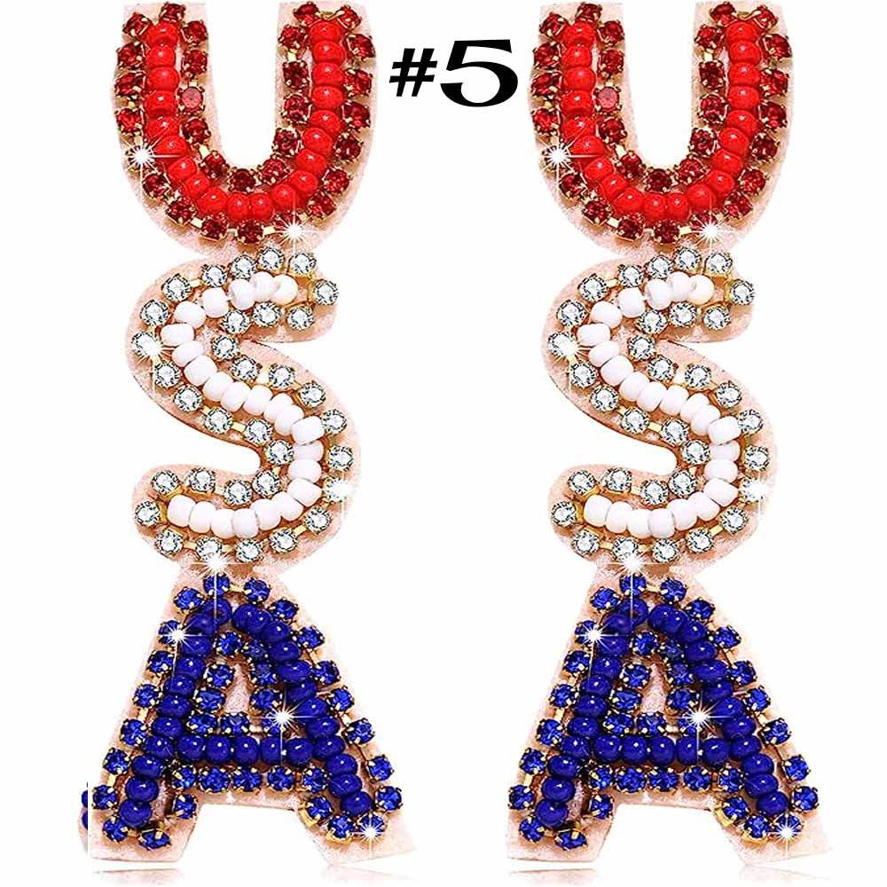 American Flag Earrings, 4th of July Earrings for Women, Beaded Heart Star Flag Dangle Drop Earrings, Handmade Independence Day Patriotic Earrings, Holiday Gifts