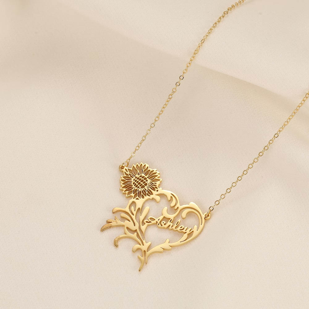 Personalized Birth Flower Name Necklace with Heart, Mother's Day Necklace, Birth Flower Personalized Girlfriend Couples Valentines, Custom Bridesmaid Gift