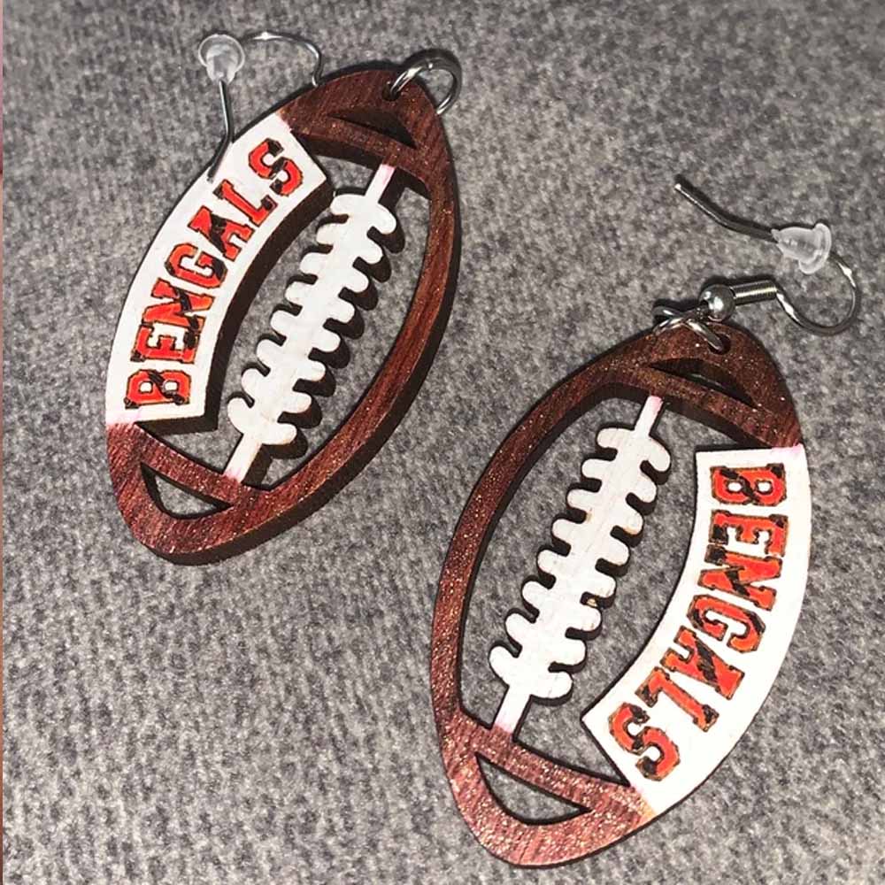 Personalized Name Football Earrings, Dallas Cowboys Football Dangles, Bengals Football Inspired Wooden Dangles Earrings, 49ers Football Wooden Dangles