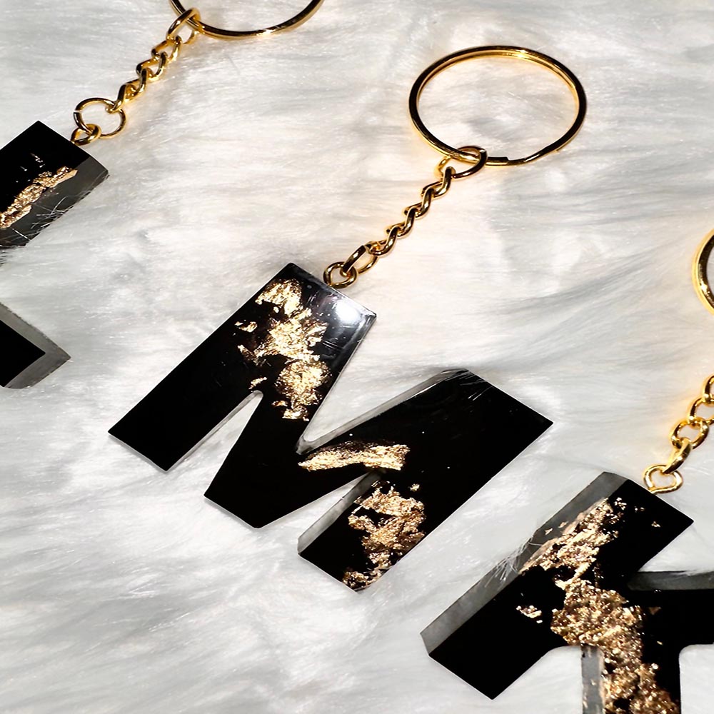 Custom Initial Glam Letter Keychain Key Ring, Black & Gold Leaf Cute Purse Accessory, Key Fob Holder, Bling Birthday Gift, Party Favors