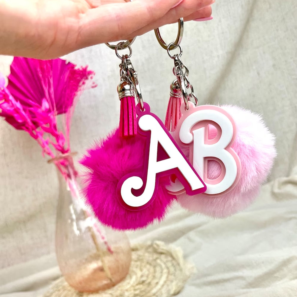 Custom Pink Name Acrylic Keychain, Let's go Party, Custom Barb Keyring, Pink Acrylic House Key Ring
