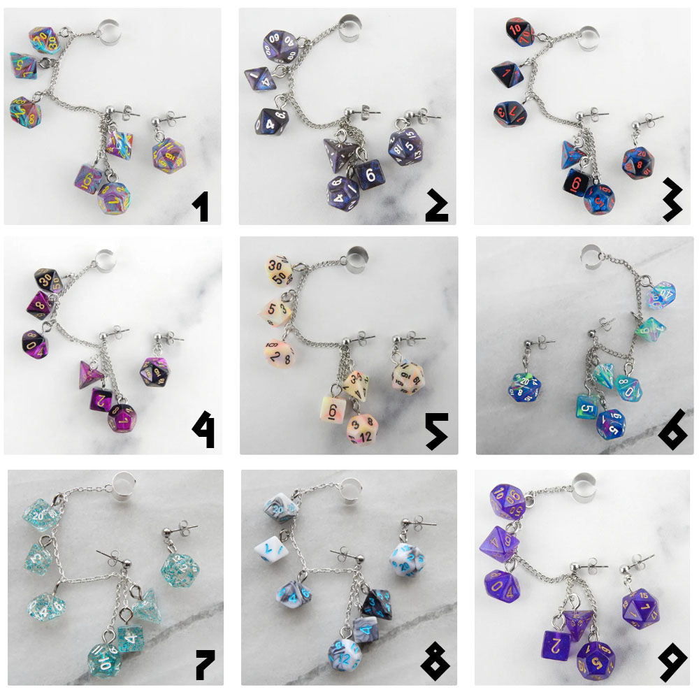 Festive Mosaic Rainbow Polyhedral D20 Mini Dice Ear Cuff Chain, Geek Aesthetic Earrings, Game Jewelry, Ear Climber, Weird Earrings