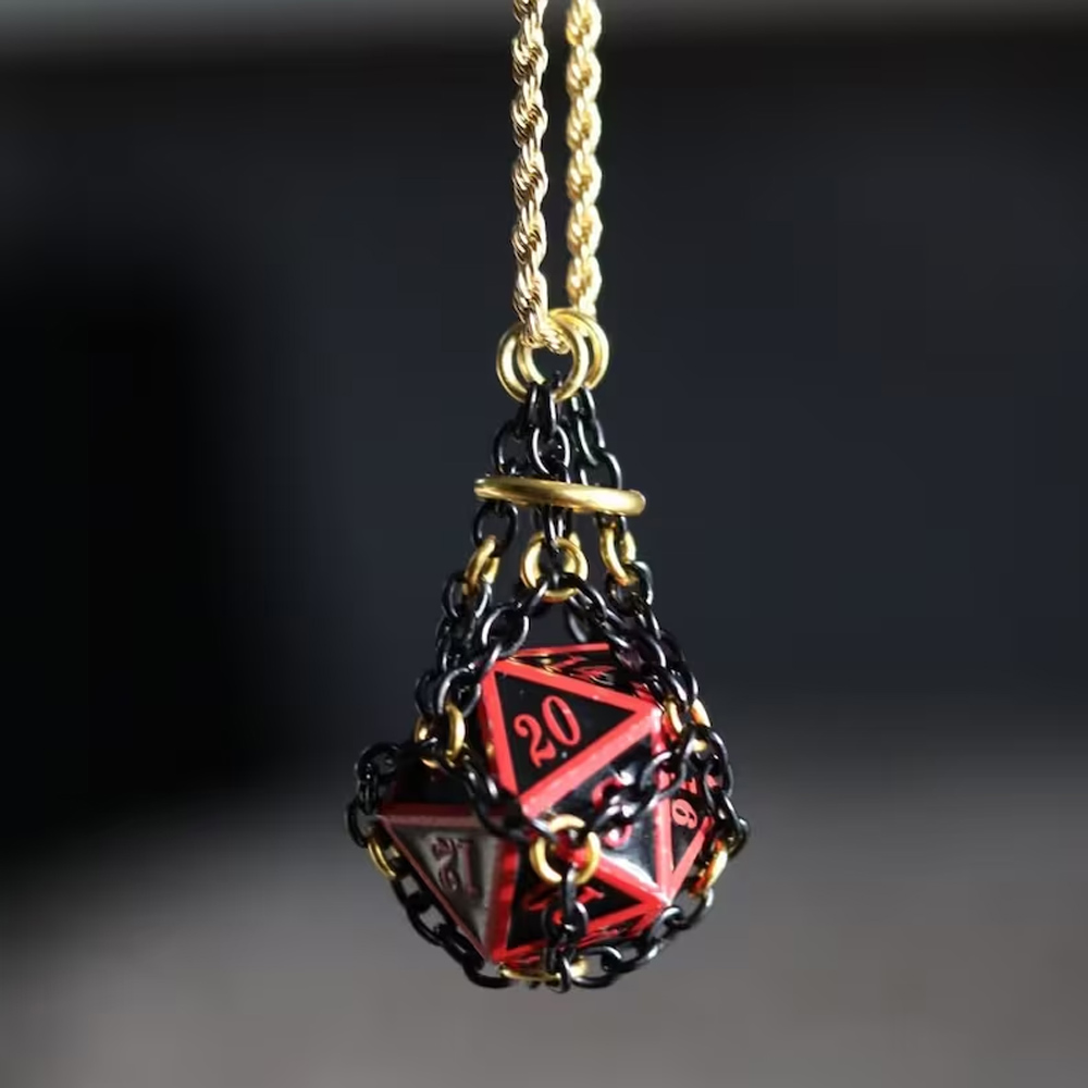 Custom Bespoke D20 Chain Pouch Necklace, Crystal Chain Pouch Necklace, Dice Cage Necklace, D20 Dice Necklace, D20 Pendant Jewelry Gift